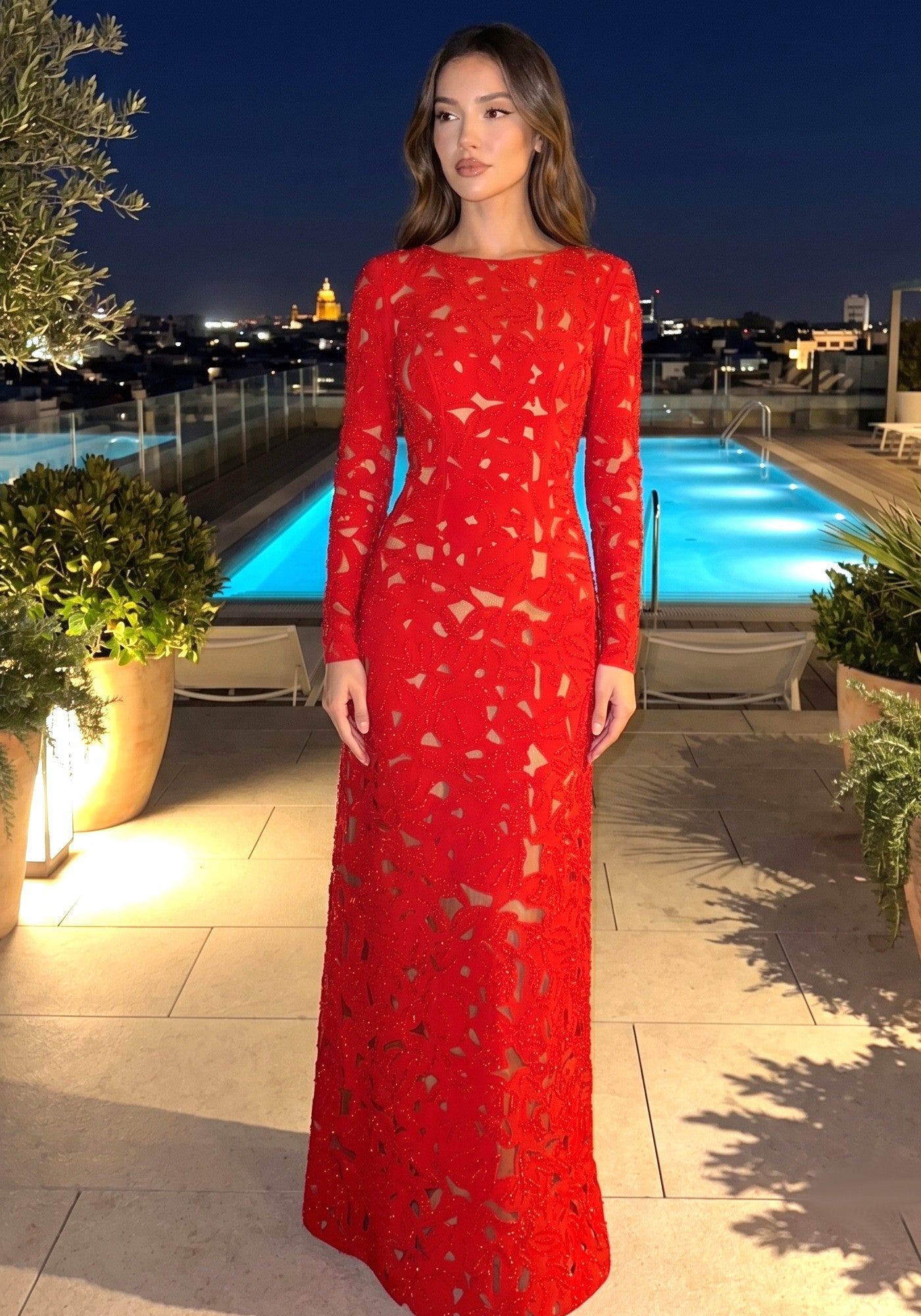 Long Sleeve Embellished Laser Cut Out Maxi Dress Red