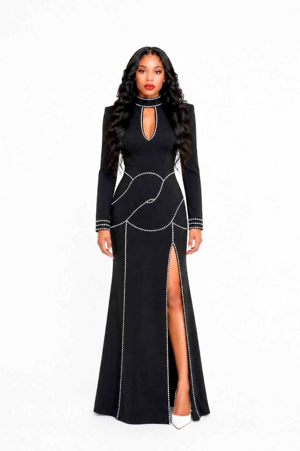 Long Sleeve Embellished Backless Maxi Dress Black