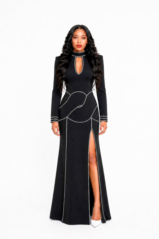 Long Sleeve Embellished Backless Maxi Dress Black