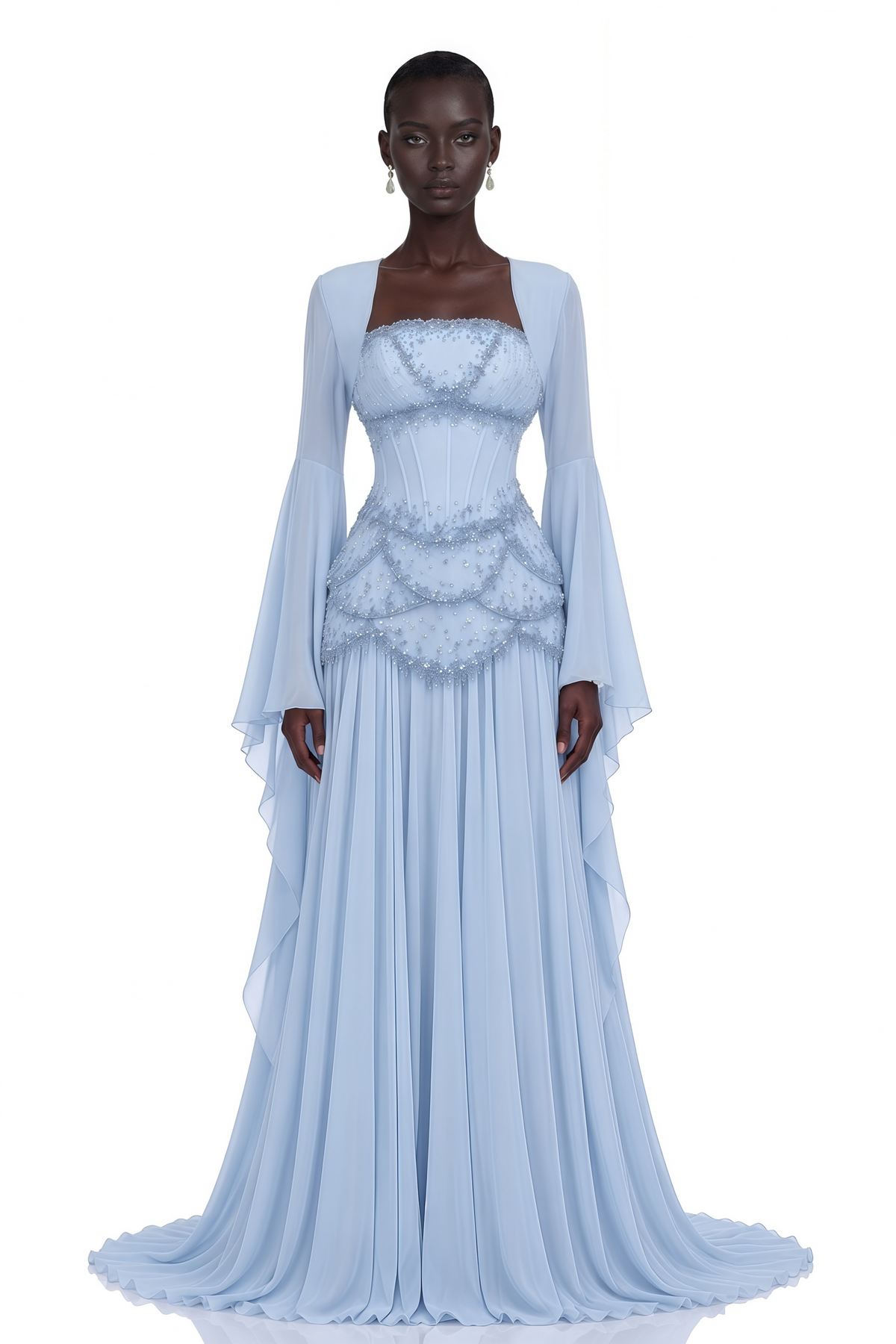 Faux-pearl-embellished Pleated Maxi Dress in Light-blue