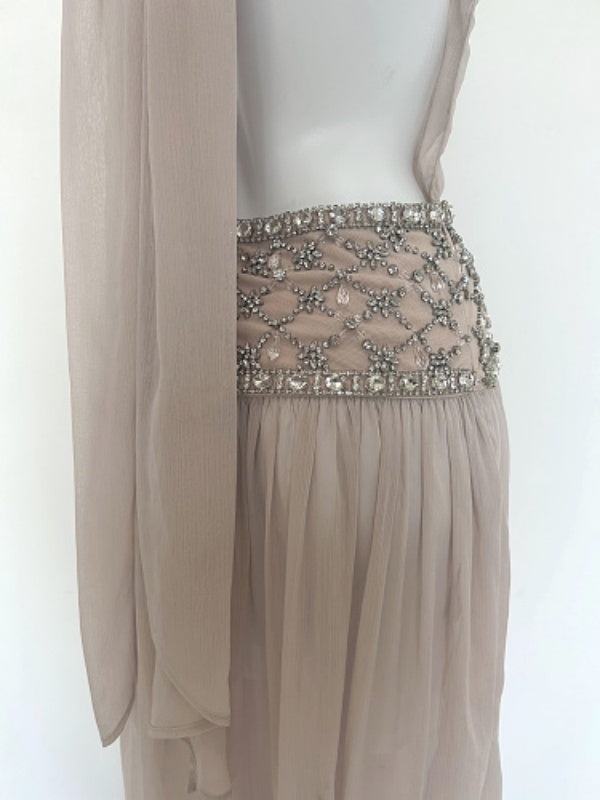 Champagne Crystal-Waist Halter Gown