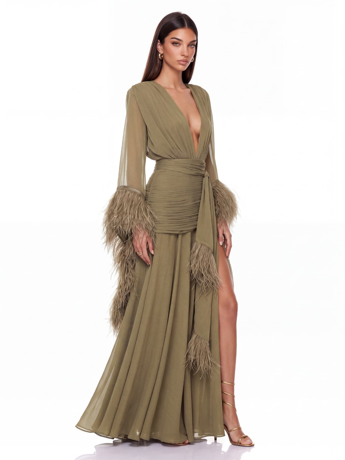 Neck Ruched Split Maxi Dress In Olive