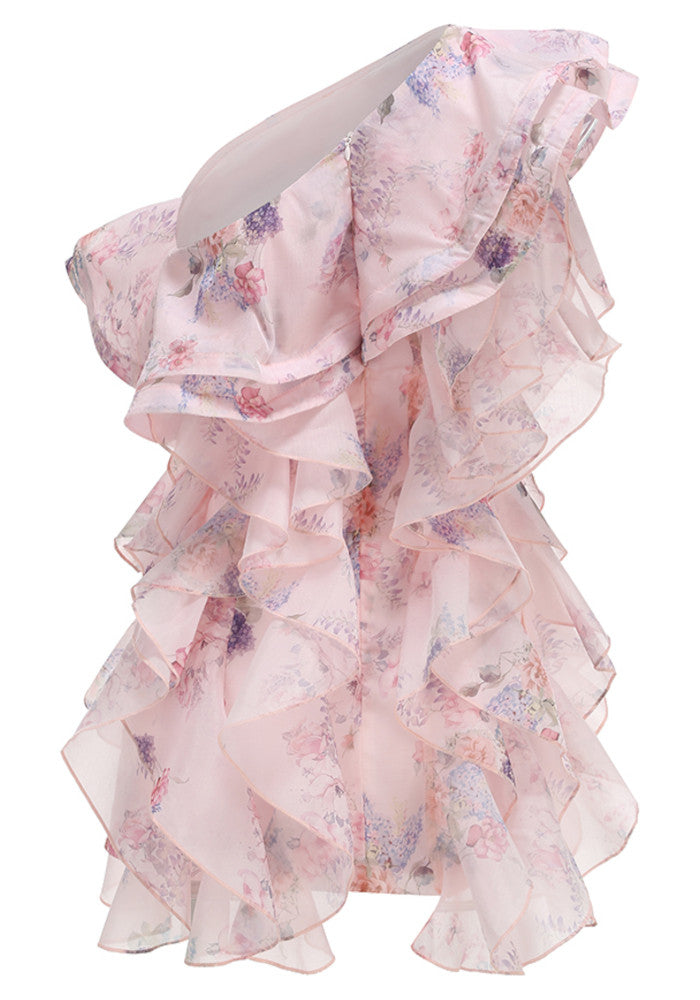 One Shoulder Floral Ruffle Dress Pink