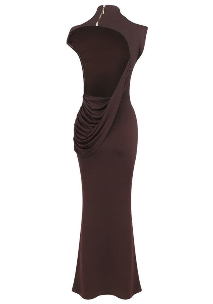 Draped Backless Maxi Dress Brown