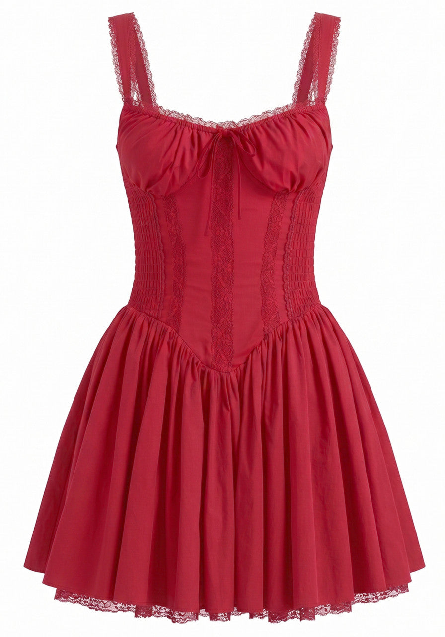 Lace Insert A Line Corset Dress Red