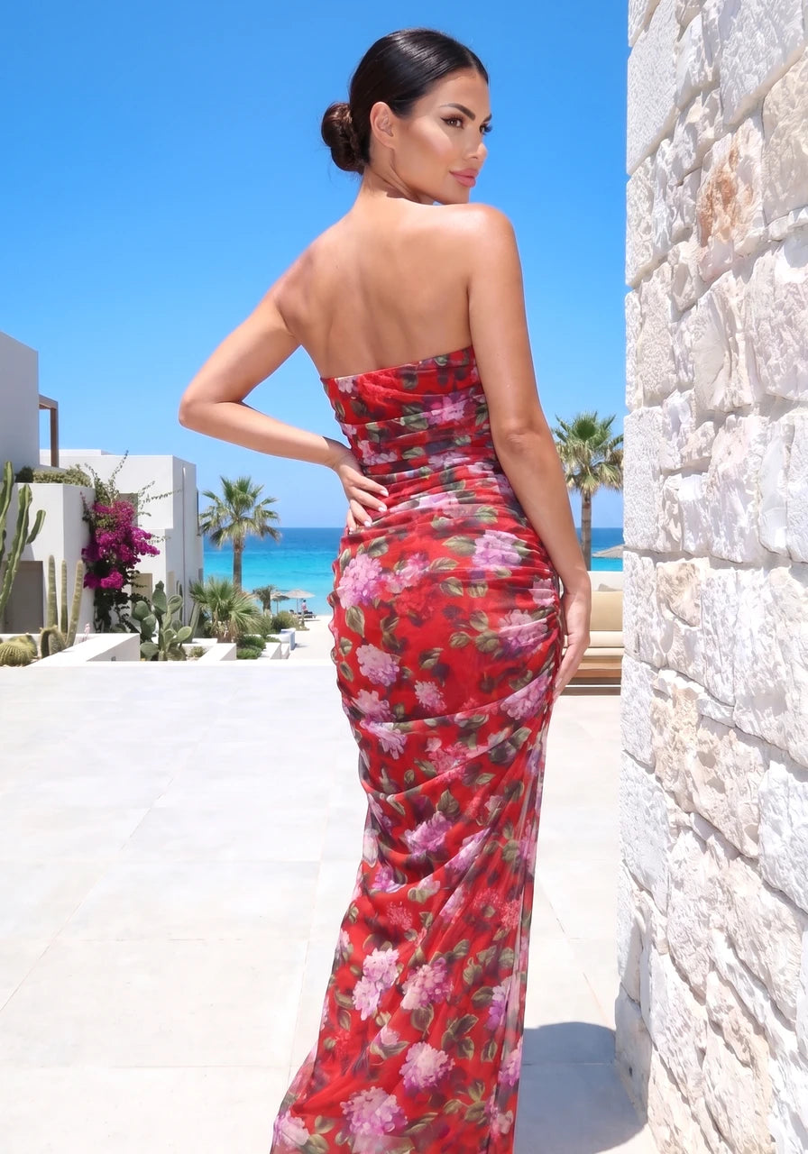 Strapless Draped Floral Maxi Dress Red