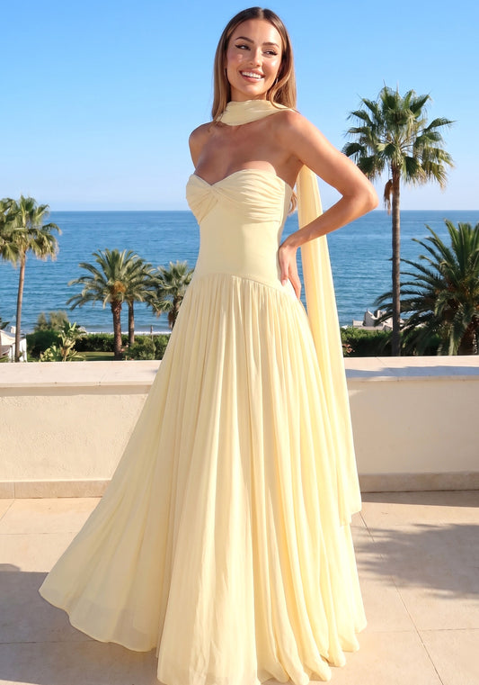 Strapless Scarf A Line Maxi Dress Yellow
