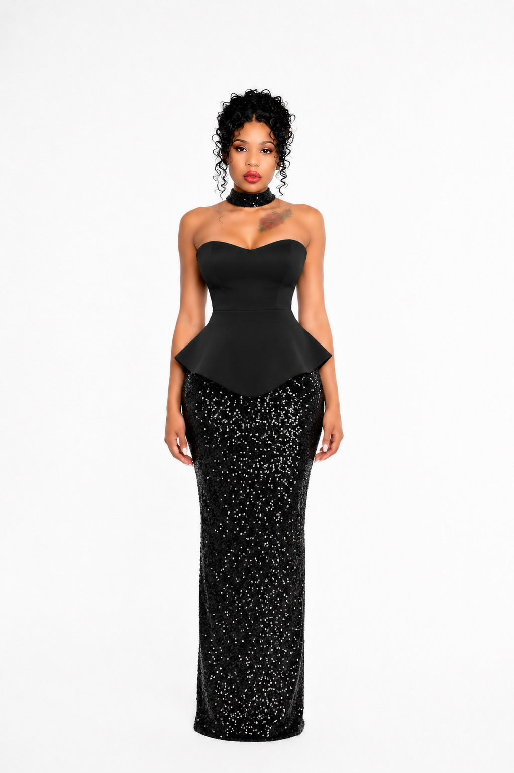 Strapless Peplum Sequin Two Piece Maxi Dress Black