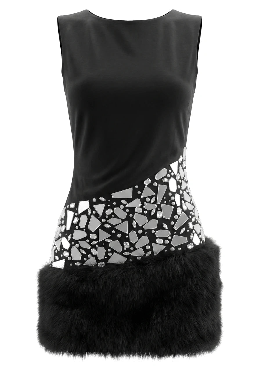 Crystal Mirror Fur Detail Dress Black