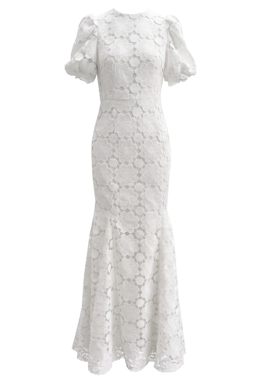 Short Sleeve Floral Crochet Mermaid Maxi Dress White