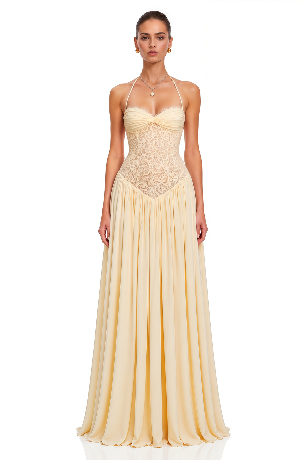 Yellow Halterneck Lace Corset Maxi Dress
