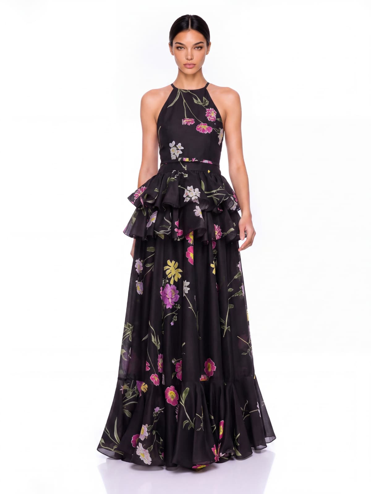 Floral Ruffle Maxi Dress In Black
