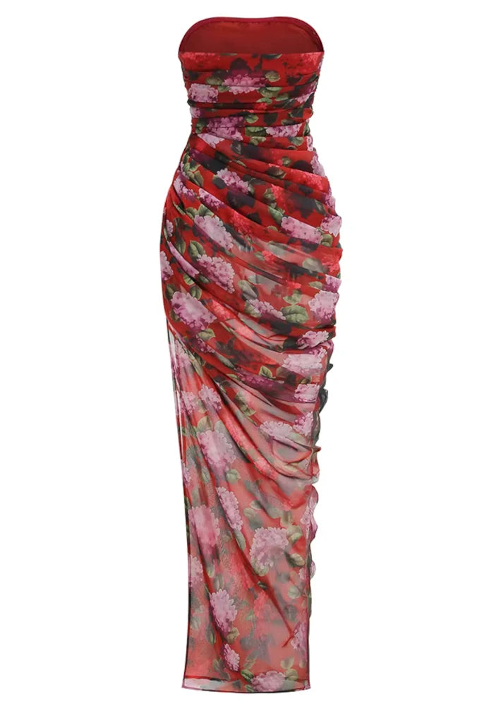 Strapless Draped Floral Maxi Dress Red