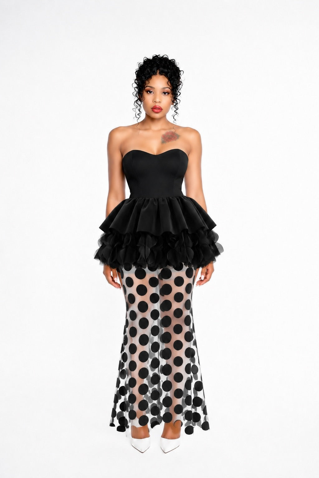 Strapless Floral Peplum Maxi Dress Black