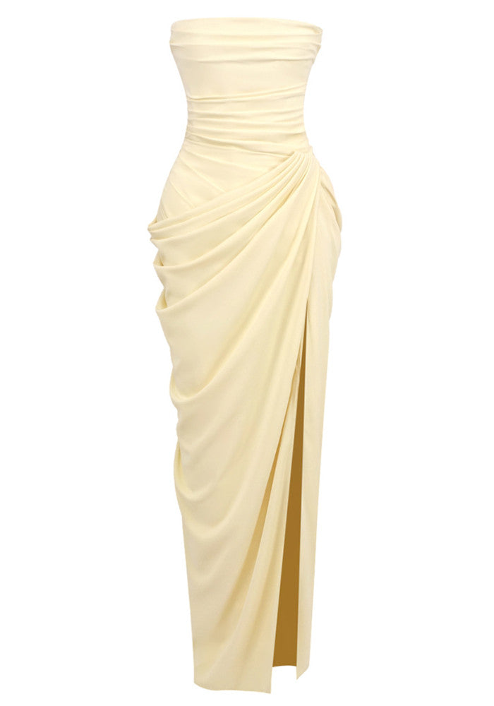 Strapless Draped Corset Maxi Dress Yellow