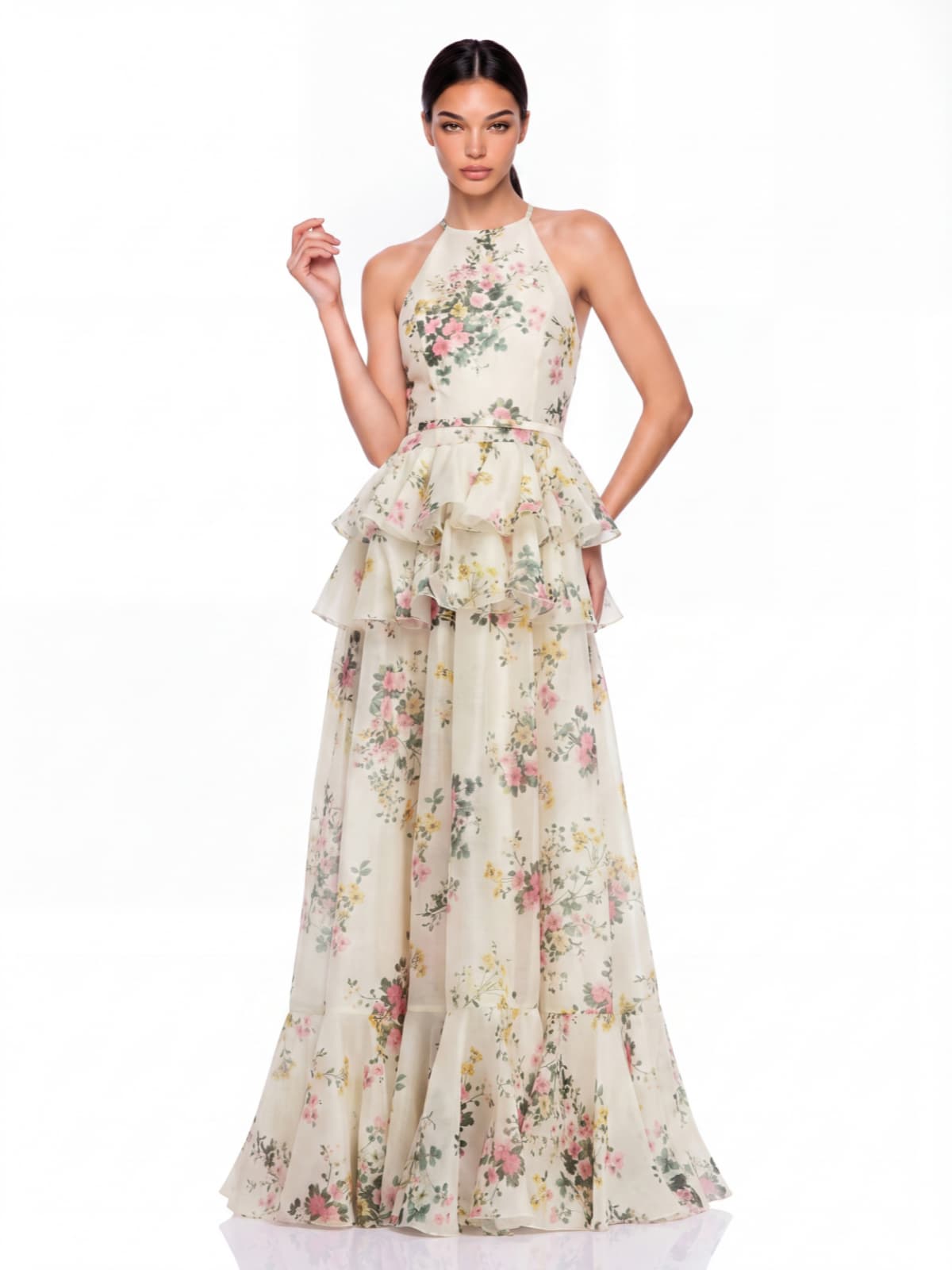 Floral Ruffle Maxi Dress In Beige
