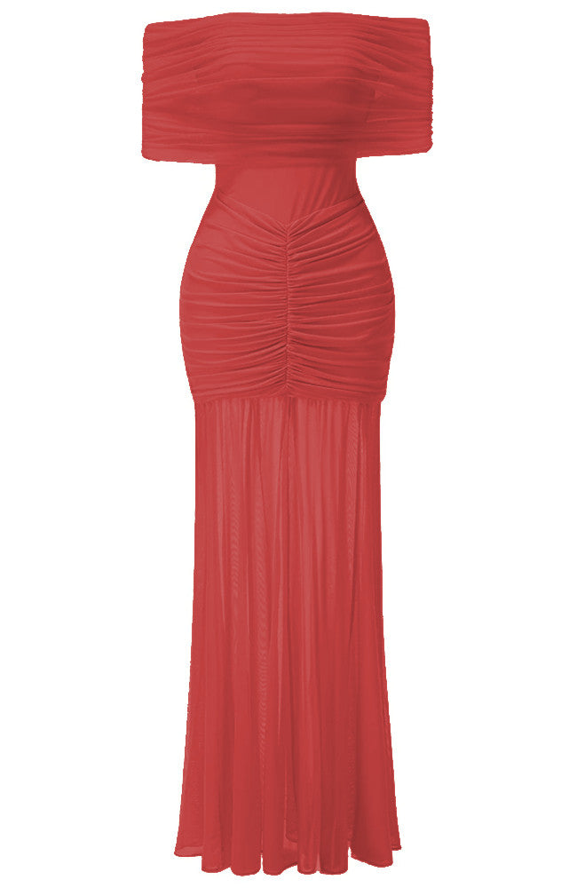 Ruched Bardot Maxi Dress Red