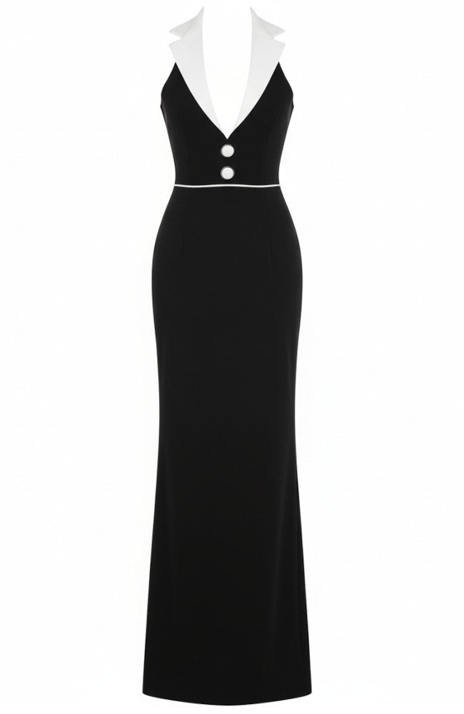Halter Lapel Collar Maxi Dress Black White