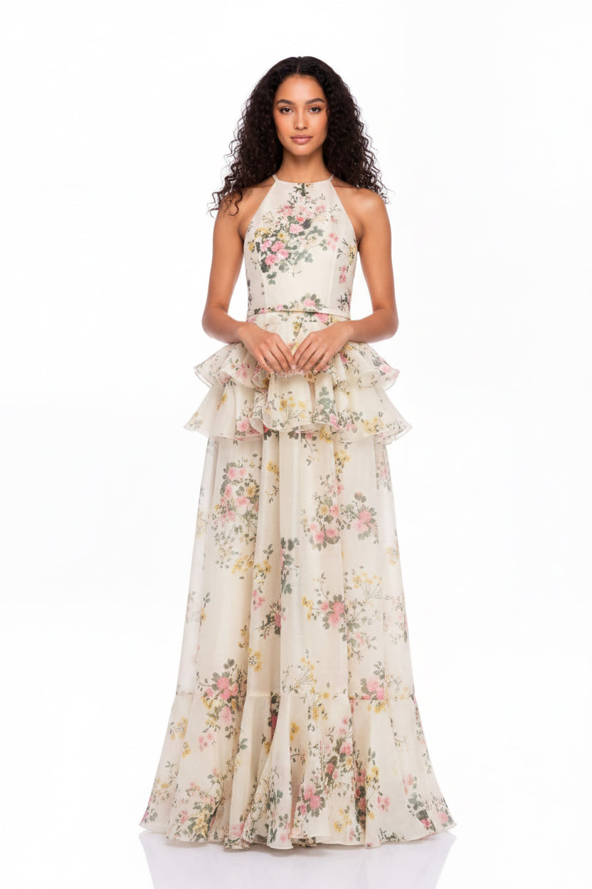 Floral Ruffle Maxi Dress In Beige