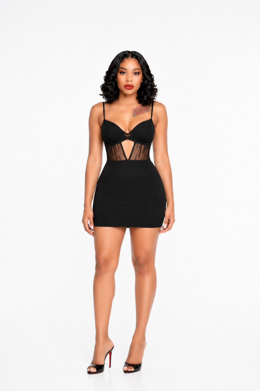 Draped Mesh Insert Dress Black