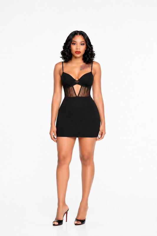 Draped Mesh Insert Dress Black