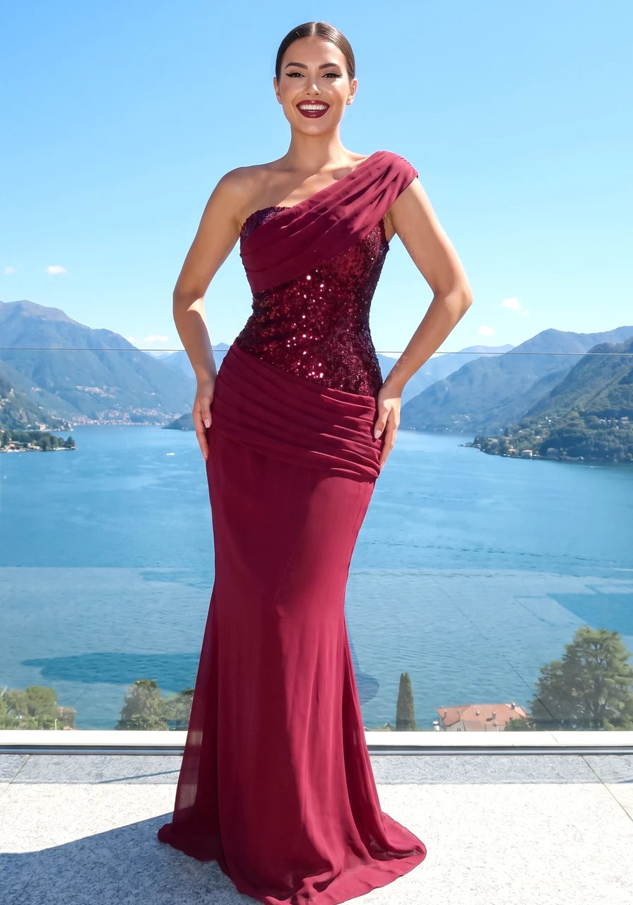 Draped One Shoulder Sequin Corset Maxi Dress Burgundy