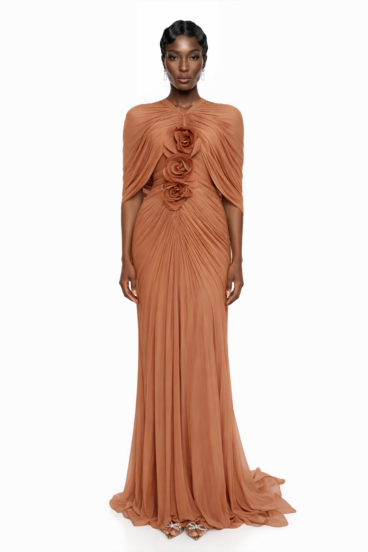 Camel Ruched Maxi Dress with 3D Florals