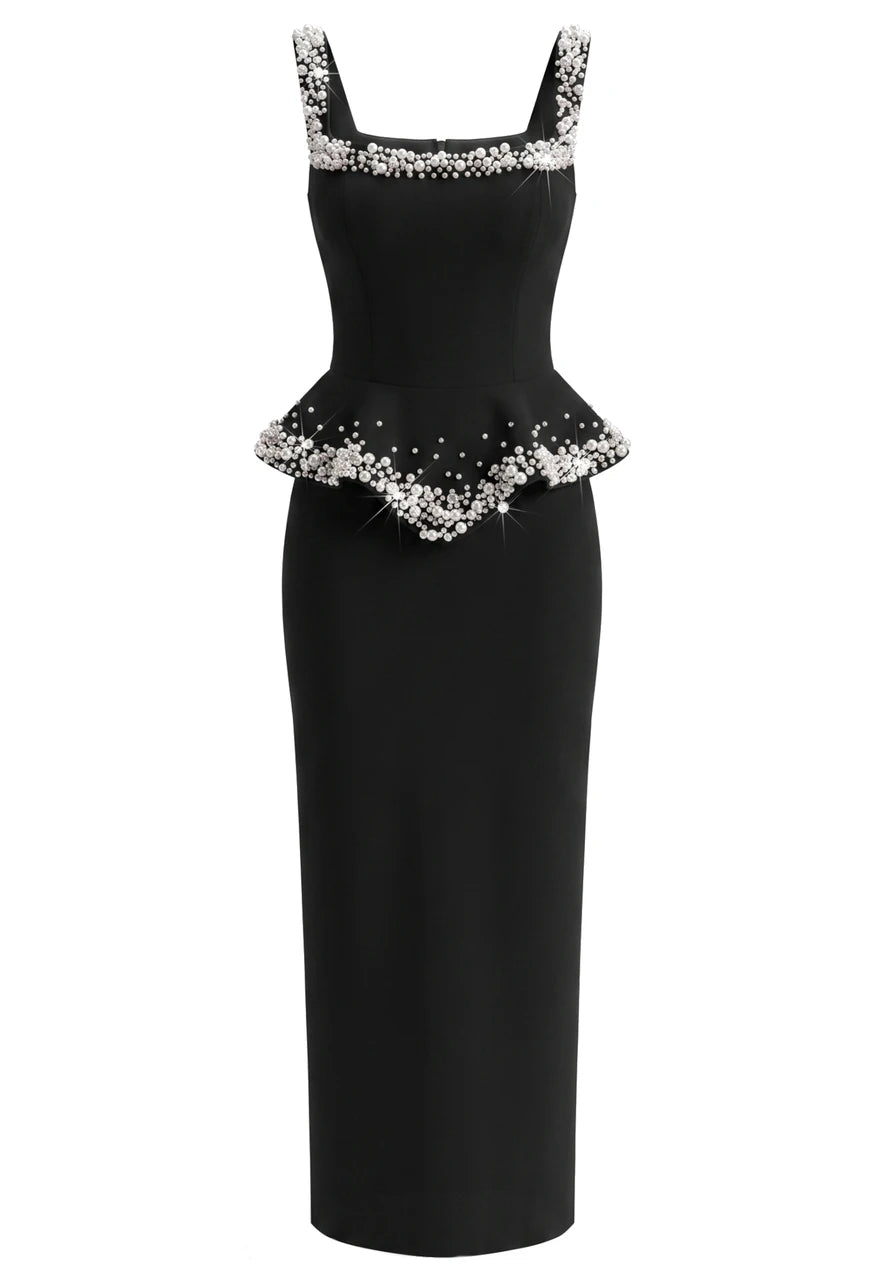 Crystal Pearl Peplum Detail Maxi Dress Black