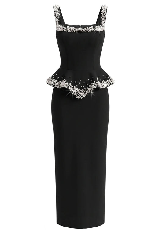 Crystal Pearl Peplum Detail Maxi Dress Black