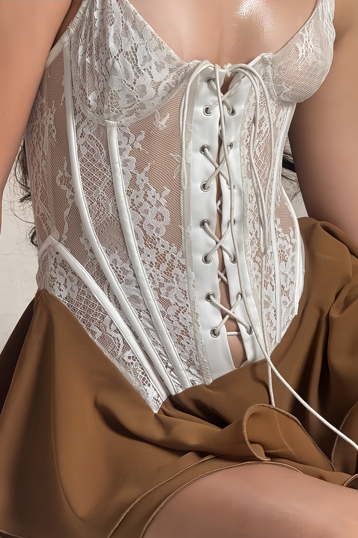 Brown Lace Up Bustier Mini Dress