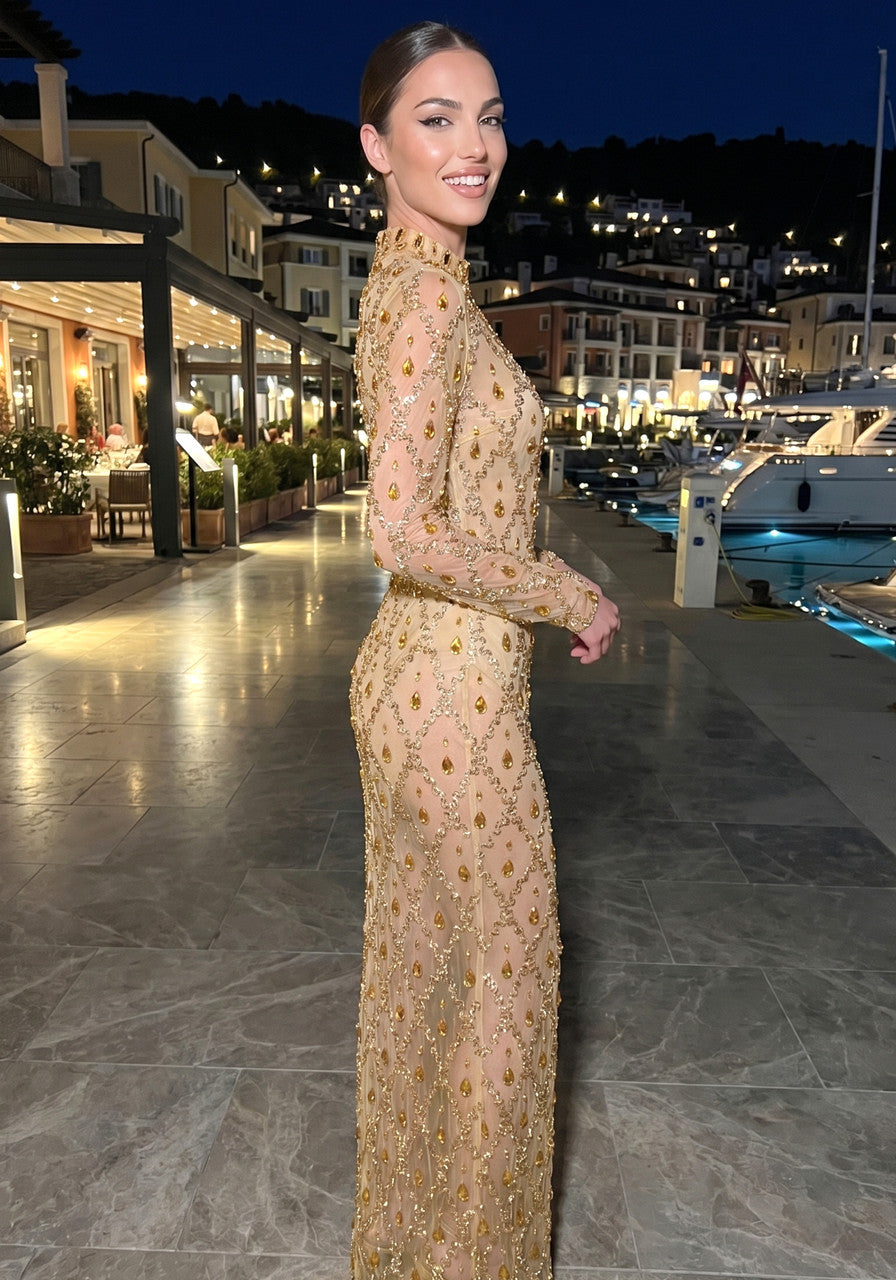 Long Sleeve Embellished Sequin Mesh Maxi Dress Gold