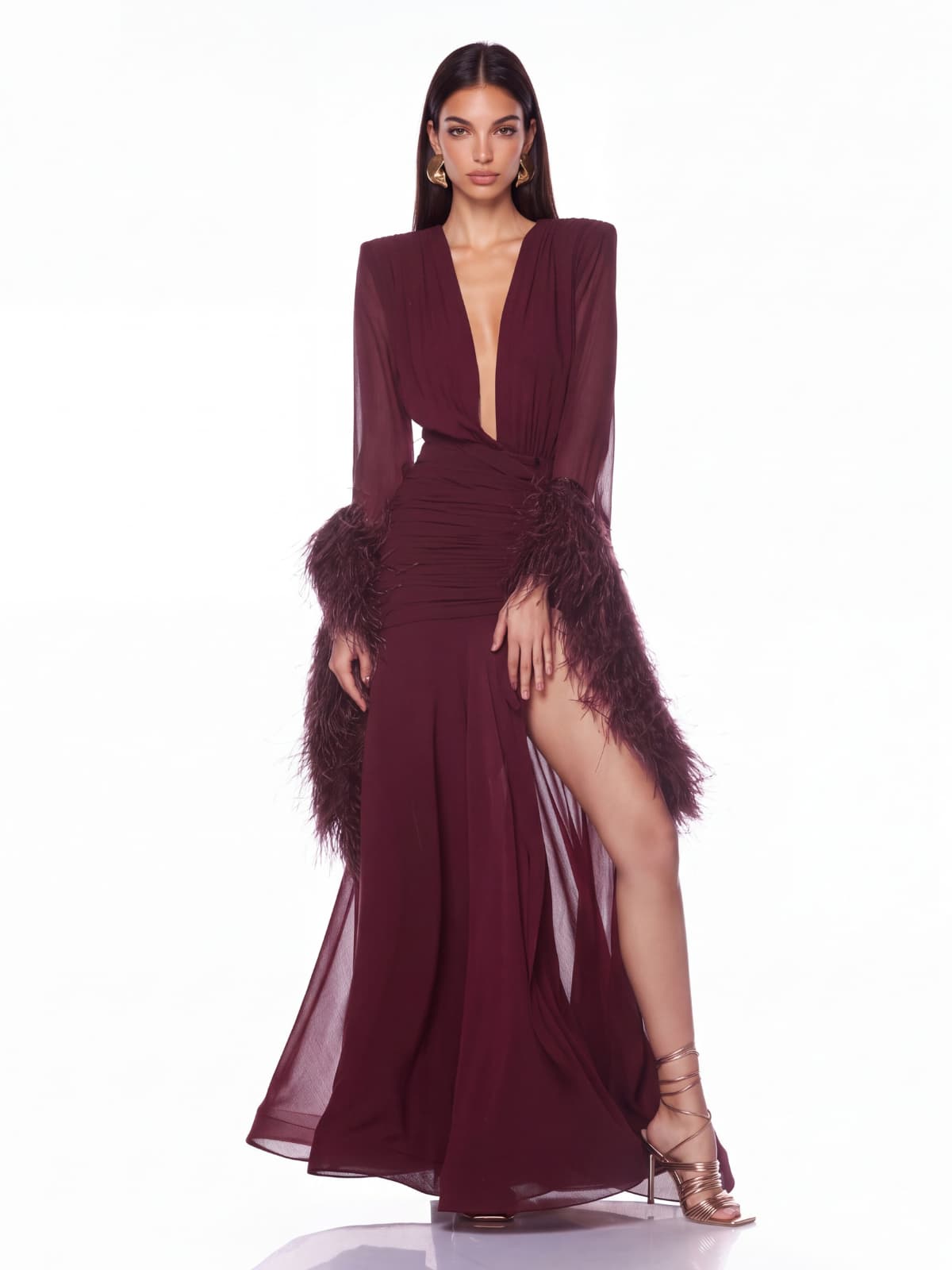Neck Ruched Split Maxi Dress In Wine
