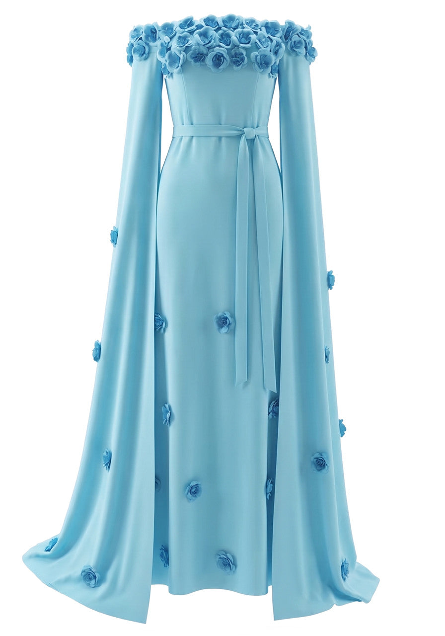 Floral Cape Sleeve Maxi Dress Blue