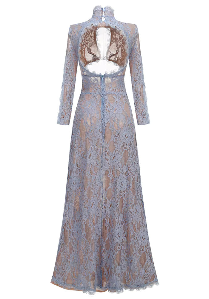 Long Sleeve Cut Out Lace Maxi Dress Blue