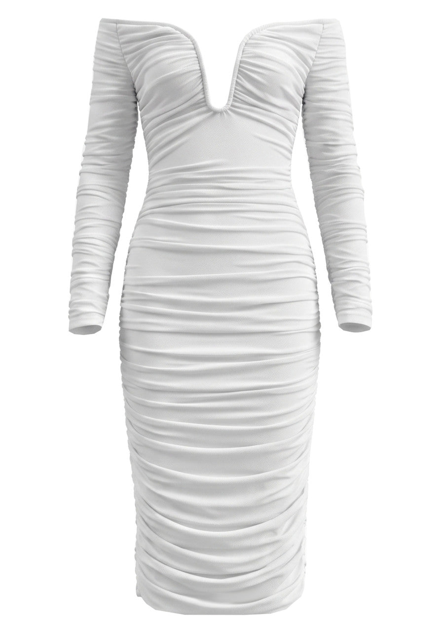 Long Sleeve Bardot Draped Midi Dress White