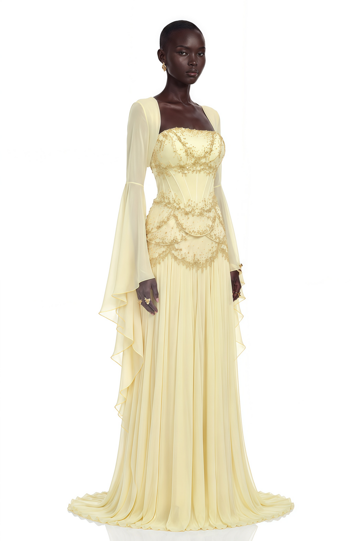 Yellow Faux-pearl-embellished Pleated Maxi Dress
