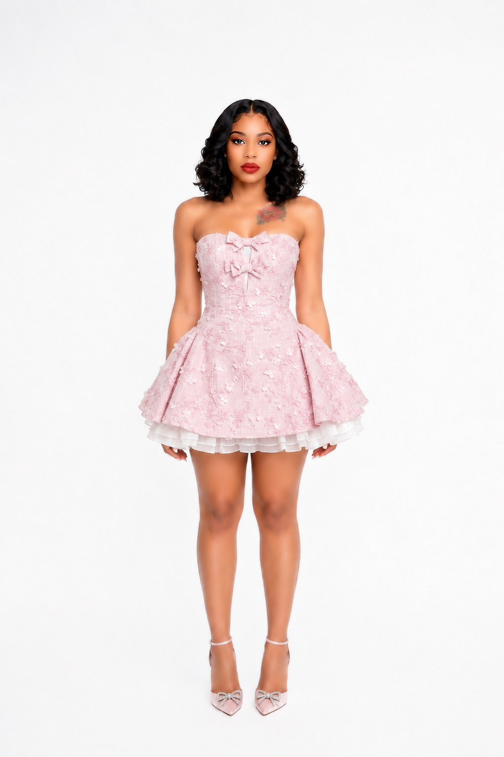 Strapless Bow Detail Floral A Line Dress Pink