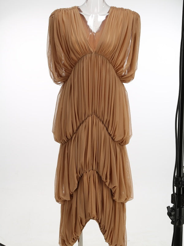 Caramel Draped Pleated Maxi Dress