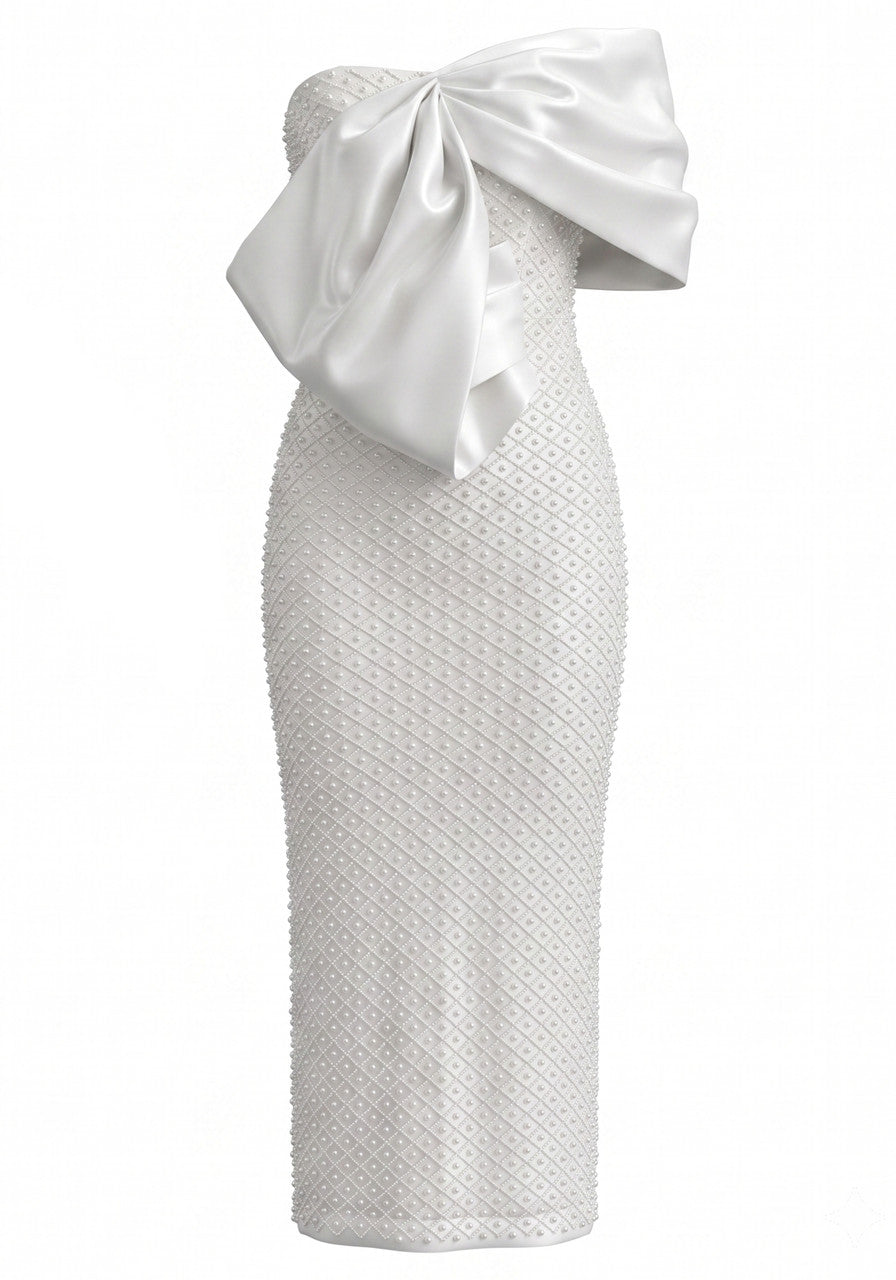 Draped Bardot Pearl Embellished Maxi Dress White