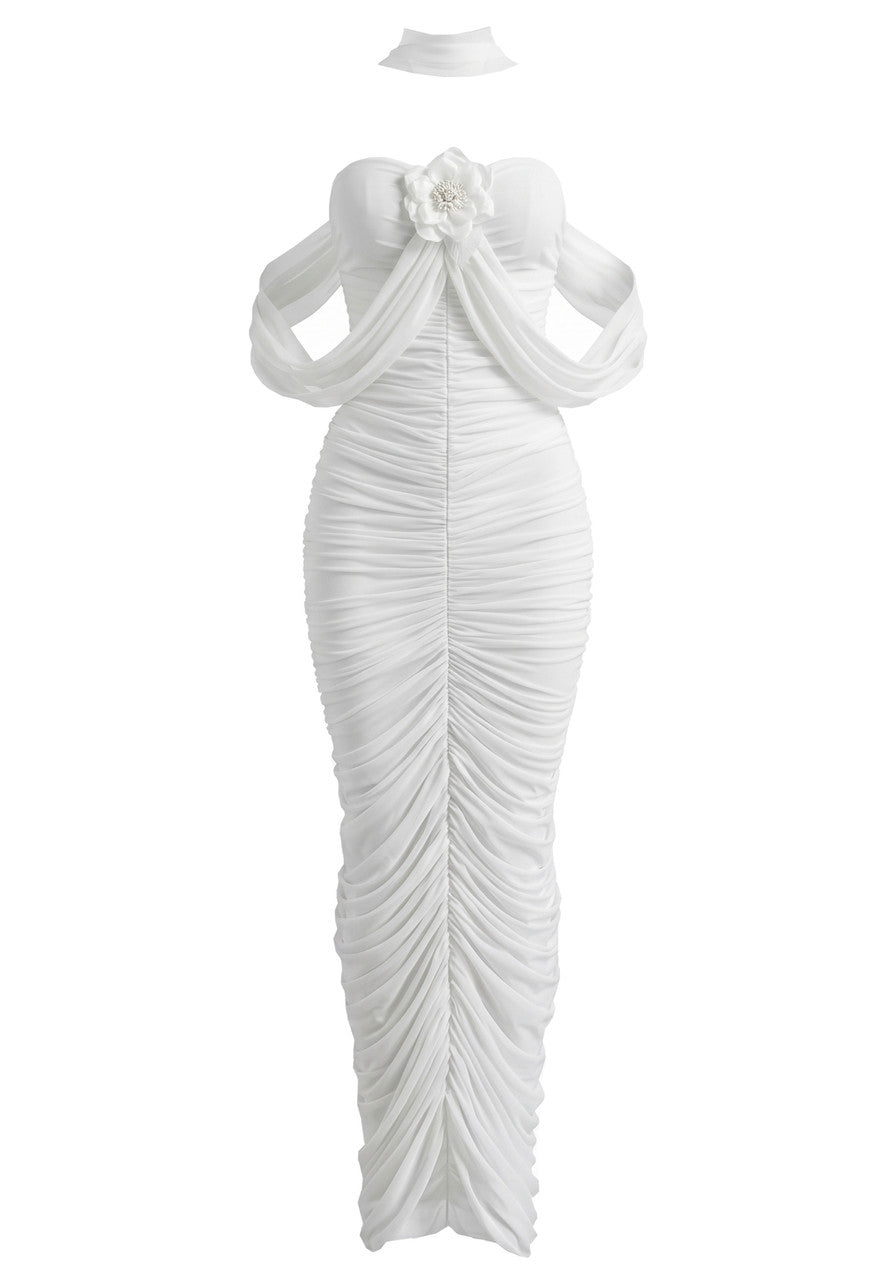 Halter Strapless Floral Draped Maxi Dress White