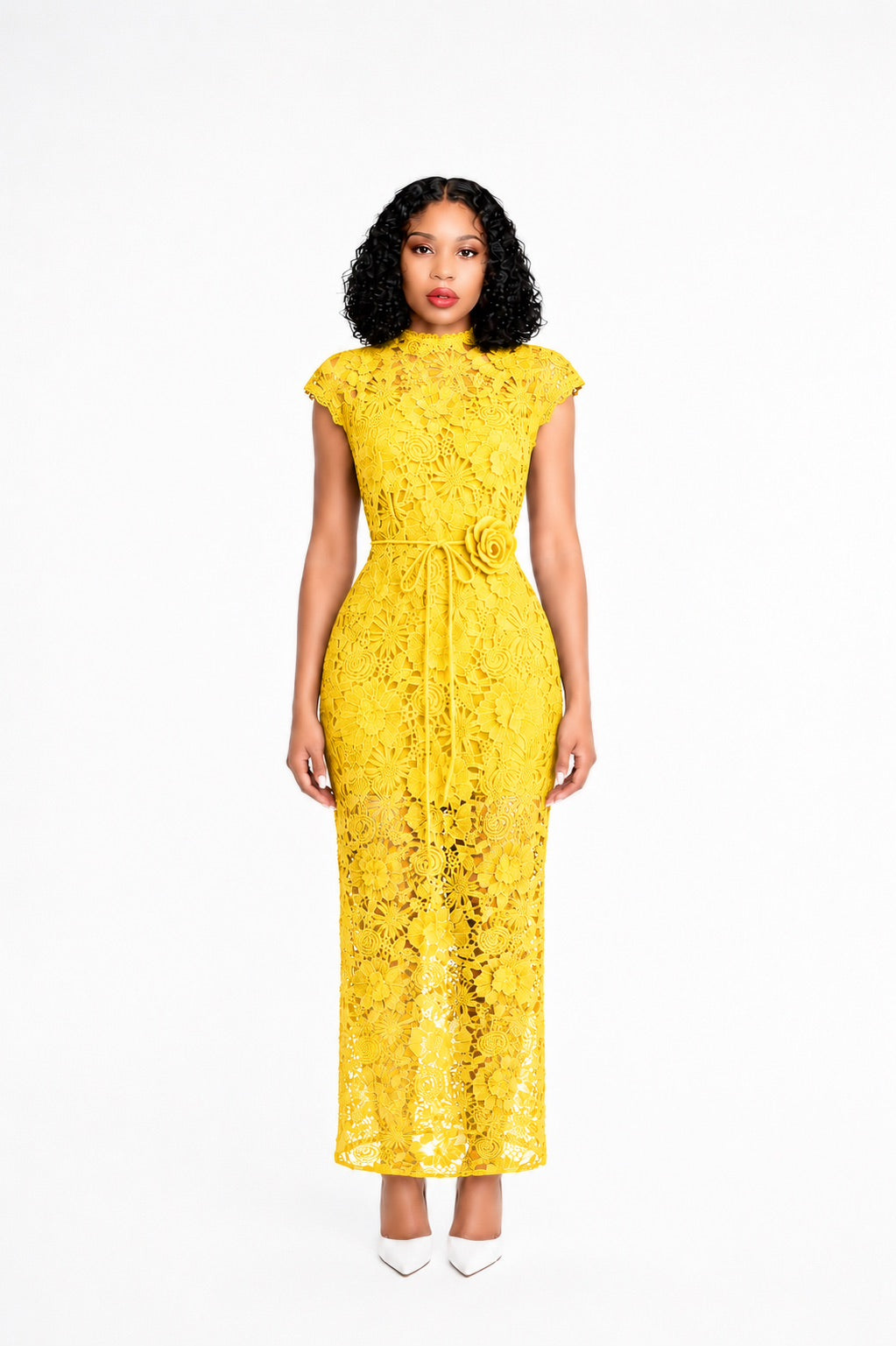 Floral Detail Crochet Maxi Dress Yellow
