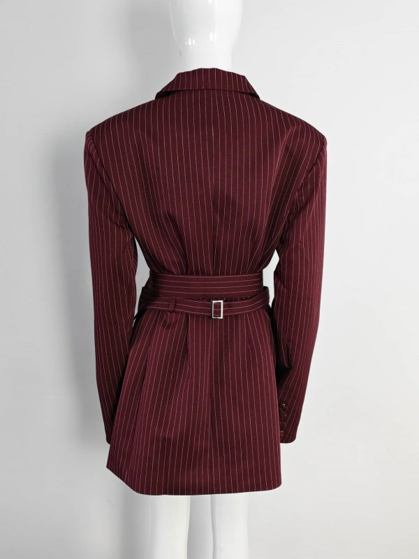 Burgundy Pinstripe Structured Blazer Mini Dress