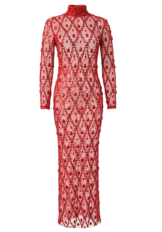 Long Sleeve Embellished Sequin Mesh Maxi Dress Red