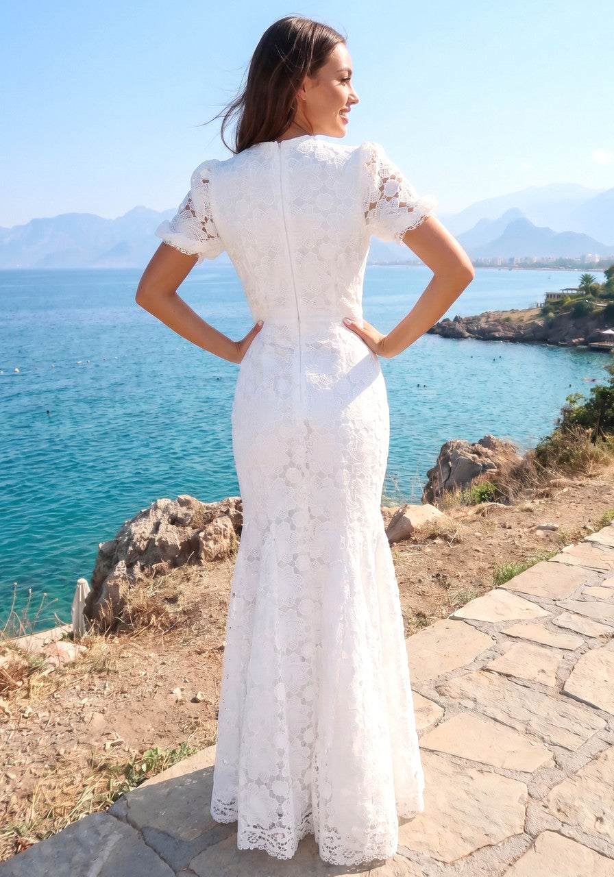 Short Sleeve Floral Crochet Mermaid Maxi Dress White