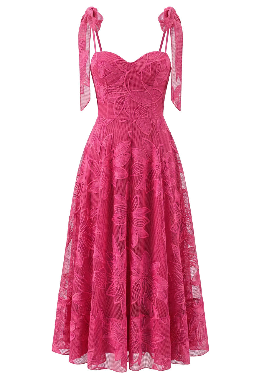 Floral A Line Bustier Midi Dress Hot Pink