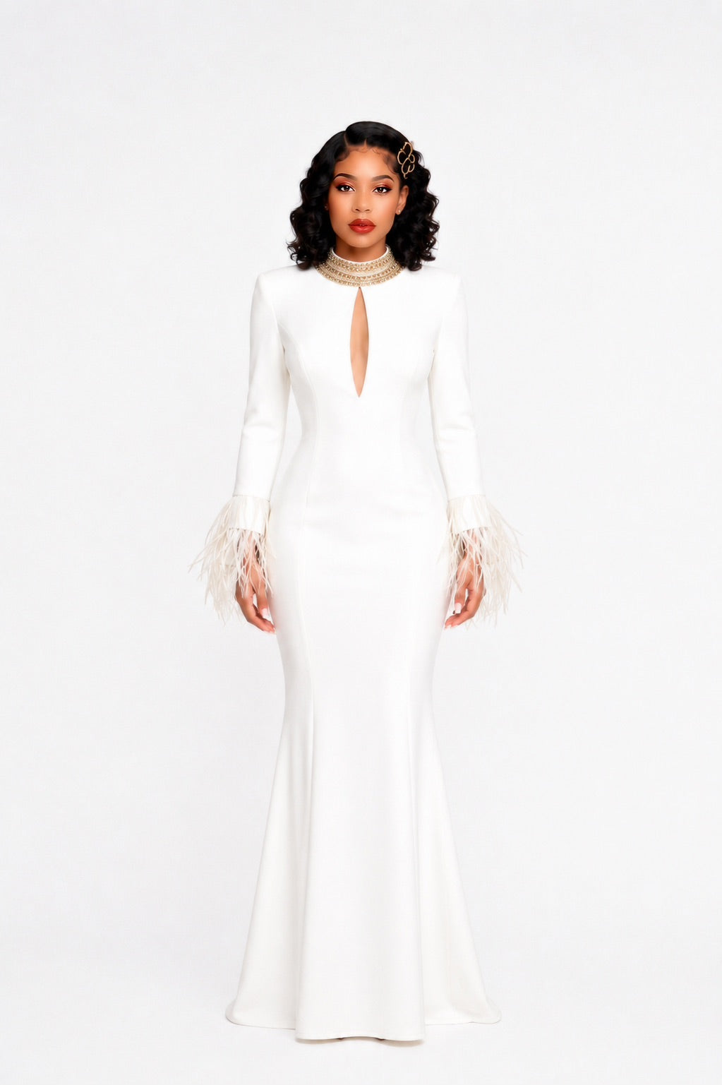 Long Sleeve Feather Embellished Maxi Dress White
