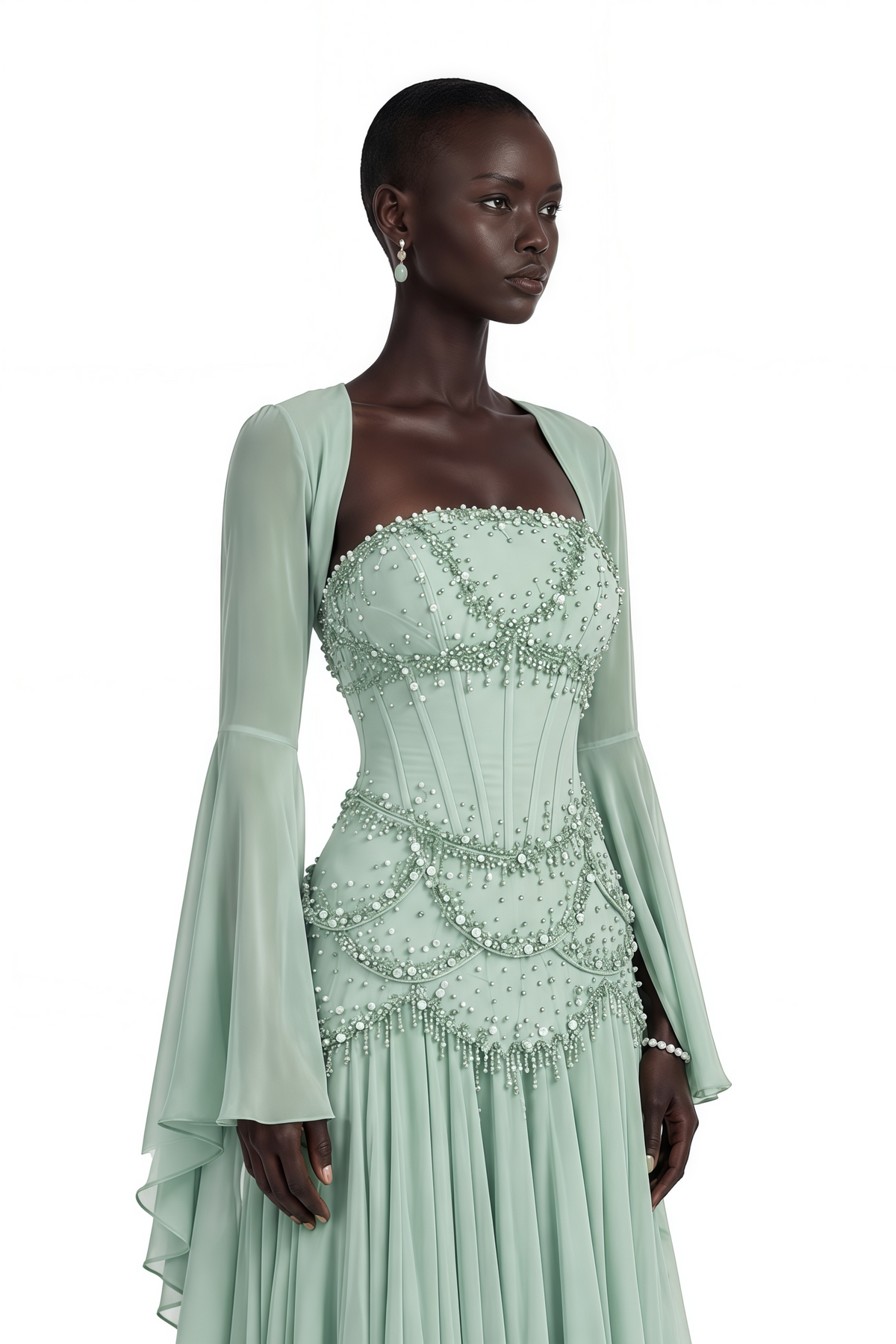Green Faux-pearl-embellished Pleated Maxi Dress