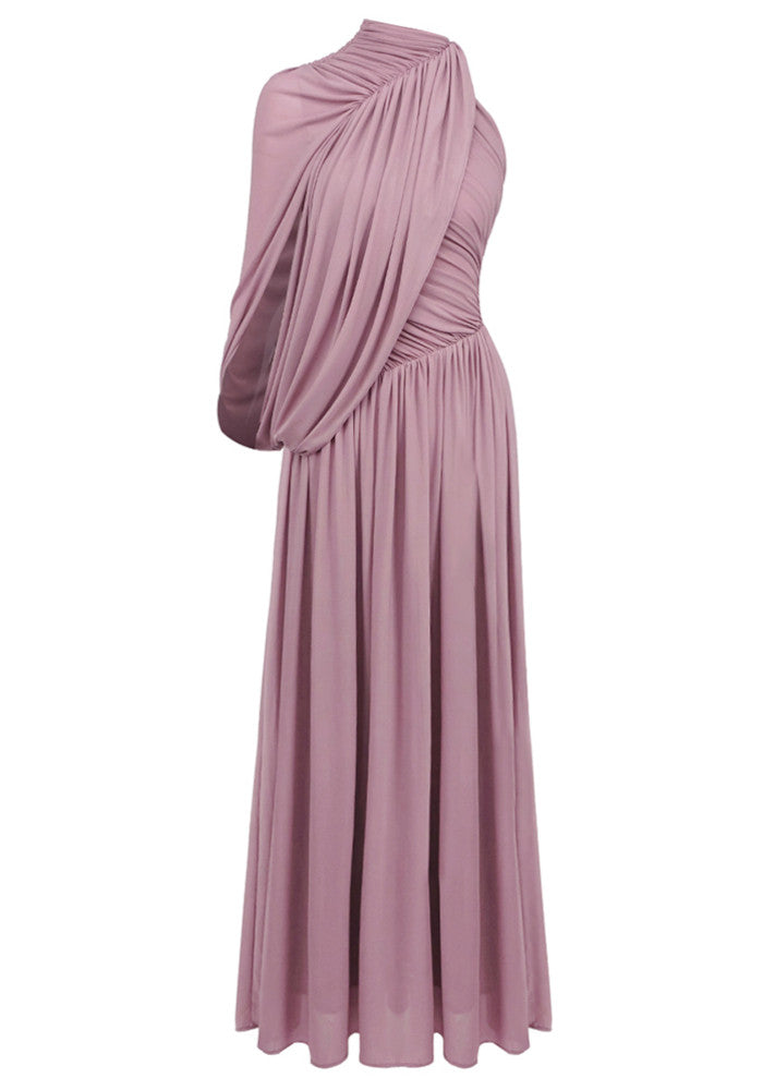 One Sleeve Draped A Line Maxi Dress Pink