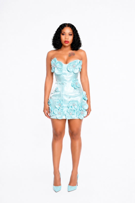 Strapless Pearl Crystal Floral Dress Turquoise