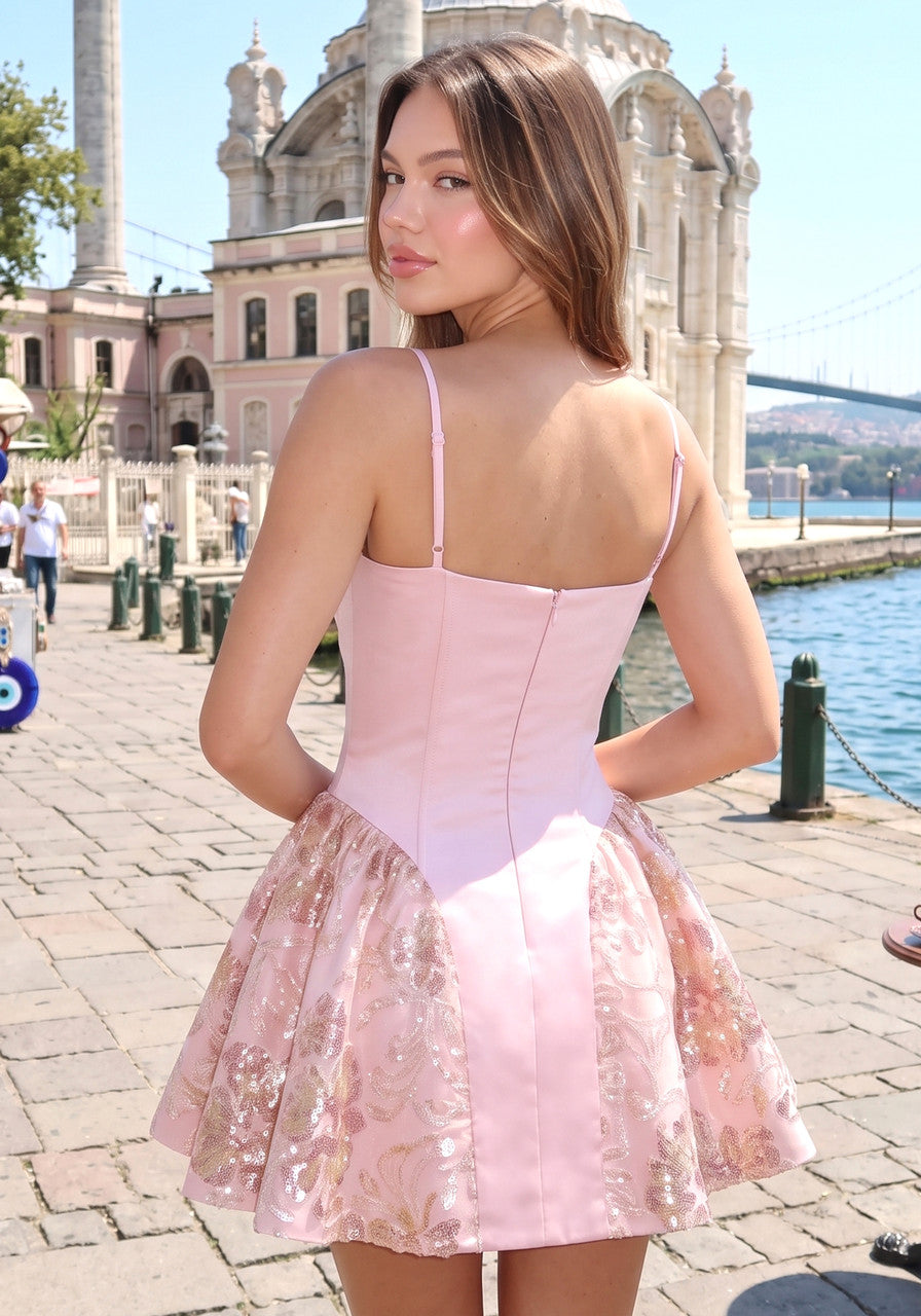 Floral Sequin A Line Dress Pink